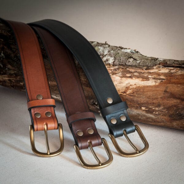 Ceinture en cuir boucle manille, laiton massif, largeur 35 ou 40 mm